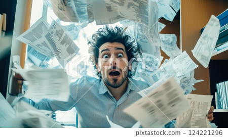 A stressed man struggles as he drowns in a massive pile of documents, overwhelmed by paperwork and deadlines. The concept of workplace stress, bureaucracy, and information overload. Generative AI. A stressed man struggles as he drowns in a massive pile of documents, overwhelmed by paperwork and deadlines. The concept of workplace stress, bureaucracy, and information overload. Generative AI. 124221296