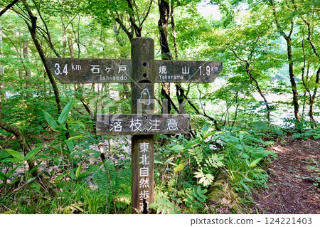 A view of a signpost on the Tohoku Nature Trail along the Oirase Stream, Towada City, Aomori Prefecture 124221403