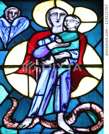Madonna with Child Jesus, stained glass window in Basilica of St. Vitus in Ellwangen, Germany Madonna with Child Jesus, stained glass window in Basilica of St. Vitus in Ellwangen, Germany 124221767