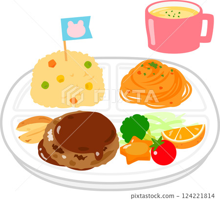Children's lunch served on one plate 124221814