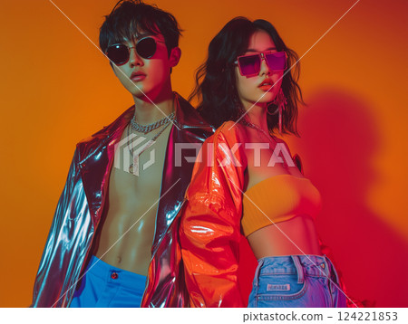 Y2K-style fashion portrait of a teenager in a studio with a vibrant backdrop, featuring a bold and trendy 2000s 124221853