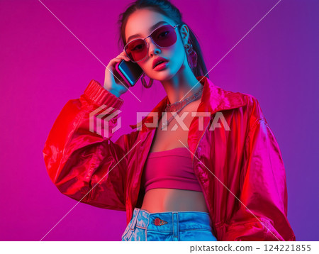 Y2K-style fashion portrait of a teenager in a studio with a vibrant backdrop, featuring a bold and trendy 2000s 124221855