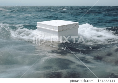 White square Podium Display on Water Ocean, Perfect for Cosmetic Product Mock-Up. Waves, blue and white colors. Generated AI 124222334