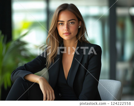Full-body portrait of a stylish businesswoman in a Y2K-inspired office. Full-body portrait of a stylish businesswoman in a Y2K-inspired office. 124222558
