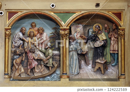 Saints John of Nepomuk and Luke the Evangelist, main altar of the Visitation of Mary in the church of the Saint Peter in Ivanic Grad, Croatia 124222589