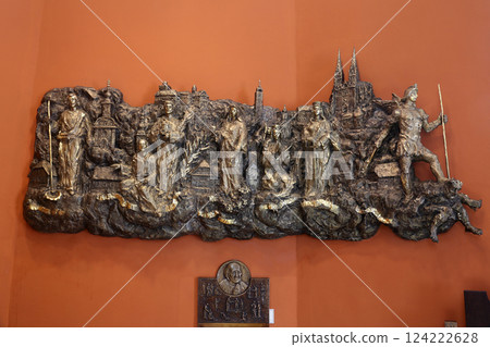 Bass relief with churches and patron saints of Kaptol the old part of Zagreb in Chapel of Saint Dismas in Zagreb, Croatia 124222628