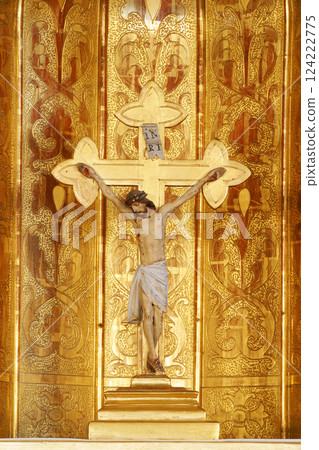 Cross on the main altar at the Church of the Visitation of the Virgin Mary in Vukovina, Croatia 124222775