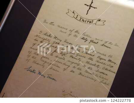 Vows of Mother Teresa written in her hand exposed in Memorial House in Skopje, Macedonia Vows of Mother Teresa written in her hand exposed in Memorial House in Skopje, Macedonia 124222778