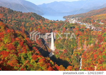 [栃木縣]晴天華嚴瀑布的紅葉（日光） 124222807