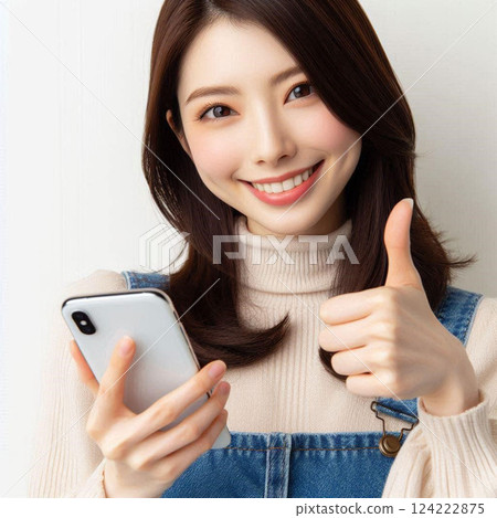 一名女子手持智慧型手機,做出「幹得好」的手勢 一名女子手持智慧型手機,做出「幹得好」的手勢 124222875