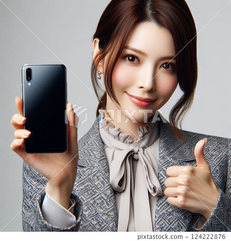 一名女子手持智慧型手機,做出「幹得好」的手勢 一名女子手持智慧型手機,做出「幹得好」的手勢 124222876