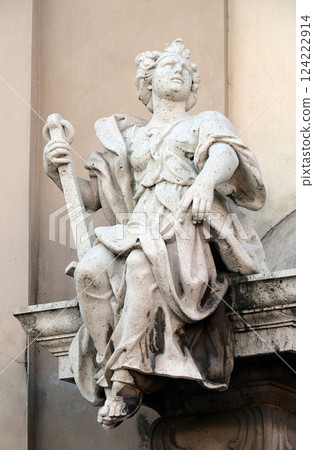 Symbol of Hope, statue on the facade of the Saint Anne church in Budapest, Hungary 124222914