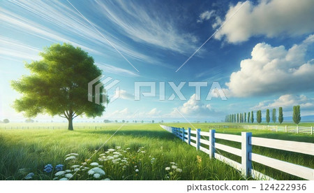 A white fence stretching across a grassland and blue sky 124222936