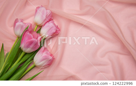 Pink tulips resting on delicate pink cloth with copyspace 124222996