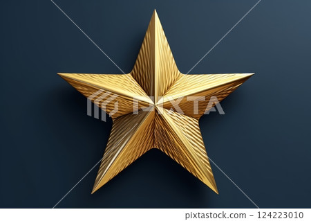 Golden Christmas Star metal glossy bright shine five angle star shape photo isolated on blue Background. Generated AI 124223010