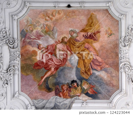 Jesus returns to His Father in heaven, fresco in Neumunster Collegiate Church in Wurzburg, Germany Jesus returns to His Father in heaven, fresco in Neumunster Collegiate Church in Wurzburg, Germany 124223044