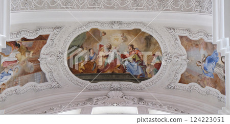 Birth of Virgin Mary, fresco by Cosmas Damian Asam in the Basilica of St. Martin and Oswald in Weingarten, Germany 124223051