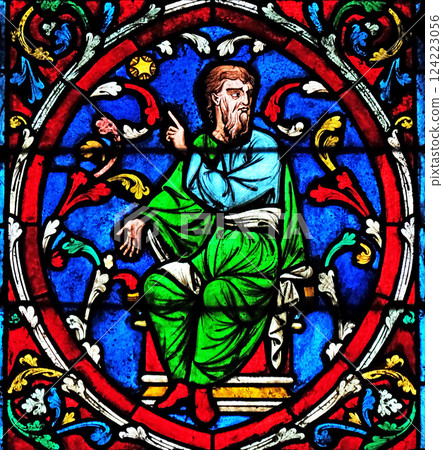 Colorful stained glass window in the Notre Dame Cathedral, UNESCO World Heritage Site in Paris, France Colorful stained glass window in the Notre Dame Cathedral, UNESCO World Heritage Site in Paris, France 124223056