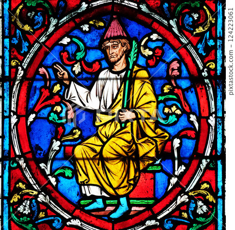 Colorful stained glass window in the Notre Dame Cathedral, UNESCO World Heritage Site in Paris, France 124223061