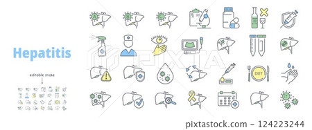 Set of vector icons related to hepatitis and liver diseases. Contains symptoms, diagnosis, treatment and prevention. Colour illustrations on white background. Editable Strokes 124223244