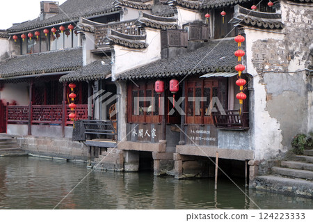 Chinese architecture and buildings lining the water canals to Xitang town in Zhejiang Province, China 124223333