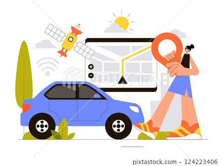 Vehicle Tracking Vector Illustration Featuring Workers Loading Products, Smart Logistics on Trucks, and Delivery Management Using a Smartphone 124223406