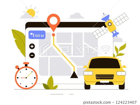 Vehicle Tracking Vector Illustration Featuring Workers Loading Products, Smart Logistics on Trucks, and Delivery Management Using a Smartphone 124223407