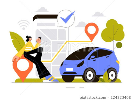 Vehicle Tracking Vector Illustration Featuring Workers Loading Products, Smart Logistics on Trucks, and Delivery Management Using a Smartphone Vehicle Tracking Vector Illustration Featuring Workers Loading Products, Smart Logistics on Trucks, and Delivery Management Using a Smartphone 124223408