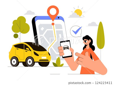 Vehicle Tracking Vector Illustration Featuring Workers Loading Products, Smart Logistics on Trucks, and Delivery Management Using a Smartphone 124223411