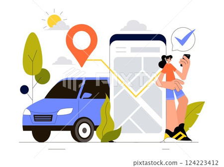 Vehicle Tracking Vector Illustration Featuring Workers Loading Products, Smart Logistics on Trucks, and Delivery Management Using a Smartphone Vehicle Tracking Vector Illustration Featuring Workers Loading Products, Smart Logistics on Trucks, and Delivery Management Using a Smartphone 124223412