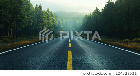 An empty road straight single lane asphalt road stretching into the distance with mountains in the background. Holiday adventure. Ai generated. An empty road straight single lane asphalt road stretching into the distance with mountains in the background. Holiday adventure. Ai generated. 124223521