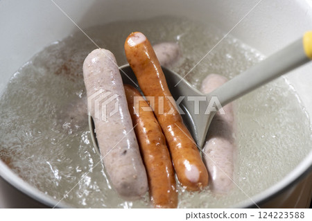 Delicious boiled sausages 124223588