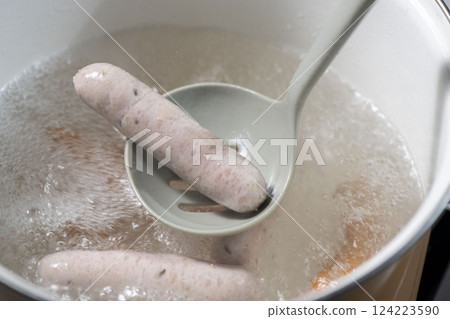 Delicious boiled sausages Delicious boiled sausages 124223590