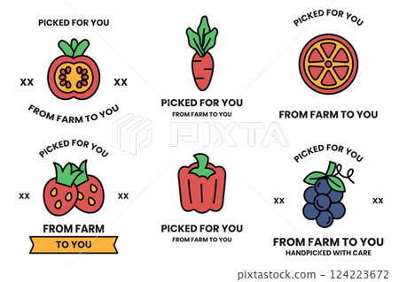 Set of illustrations in the concept of a vegetable and fruit shop in line drawing style Set of illustrations in the concept of a vegetable and fruit shop in line drawing style 124223672