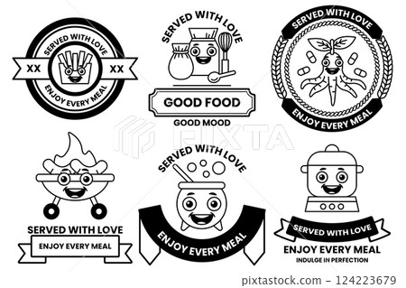 Set of illustrations in the concept of a food shop in line drawing style Set of illustrations in the concept of a food shop in line drawing style 124223679