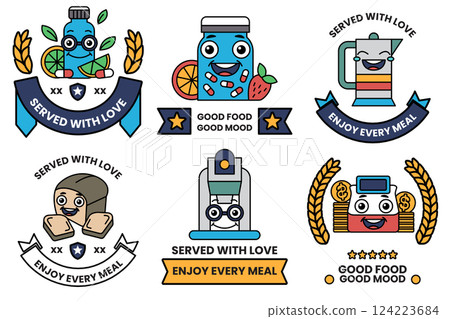 Set of illustrations in the concept of a food shop in line drawing style Set of illustrations in the concept of a food shop in line drawing style 124223684