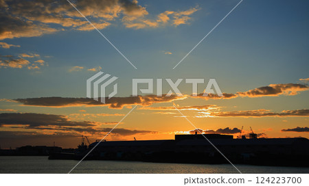 港口海上落日的照耀下,美麗的黃昏天空 港口海上落日的照耀下,美麗的黃昏天空 124223700