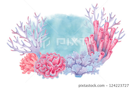Underwater composition of coral reef. Watercolor and marker illustrations. Ocean plant of seabed. Hand drawn isolated art. Exotic nature tropical ecosystem template for tourism industry, travel guide Underwater composition of coral reef. Watercolor and marker illustrations. Ocean plant of seabed. Hand drawn isolated art. Exotic nature tropical ecosystem template for tourism industry, travel guide 124223727