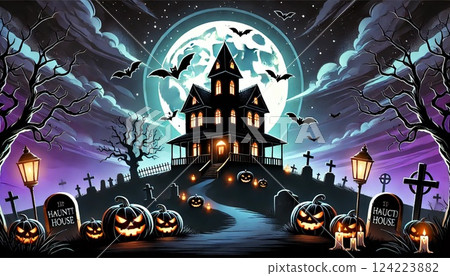 A spooky haunted house on Halloween night A spooky haunted house on Halloween night 124223882