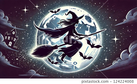 Witch and bats flying under the full moon 124224008