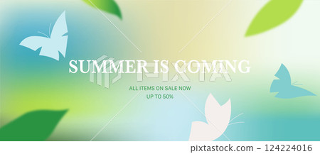 Limited Summer Sale Banner with 3D floating leaves, butterflies, fresh gradient, up to 50% off Limited Summer Sale Banner with 3D floating leaves, butterflies, fresh gradient, up to 50% off 124224016