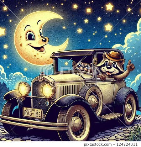 Tanuki 開著老式汽車在月夜的道路上行駛 124224311