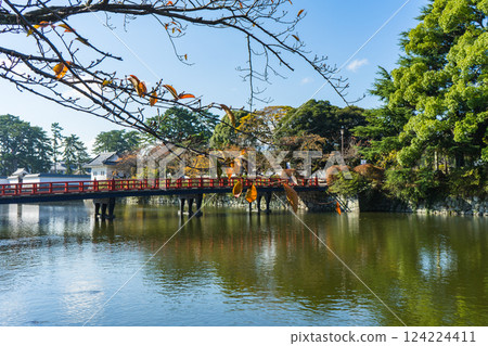 藍天下的綠色樹林和紅色小橋 124224411