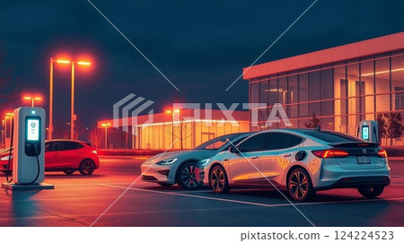 EV Charging Station at Night | Modern Electric Car Parking with Charging Points. 124224523