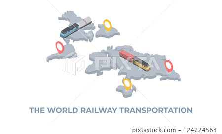 Train delivery isometry. Railway logistic transport on a background map of the world. Delivery service global logistic. Fast delivery concept. Train delivery isometry. Railway logistic transport on a background map of the world. Delivery service global logistic. Fast delivery concept. 124224563