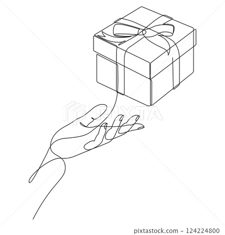Continuous one line drawing of hand holding gift box. Hand holds present drawn by single line. Vector illustration. 124224800