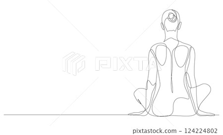 Naked woman sitting continuous one line drawing, rear view. Hand drawn minimalism style vector illustration, editable stroke. 124224802