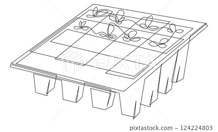 Young sprouts growing in plastic pots cassette continuous one line art. Healthy food production, vector design drawn by single line. Young sprouts growing in plastic pots cassette continuous one line art. Healthy food production, vector design drawn by single line. 124224803