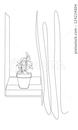 A potted plant on a windowsill by the curtain continuous one line art. Interior decor trendy single line design. Contour drawing vector illustration. 124224804