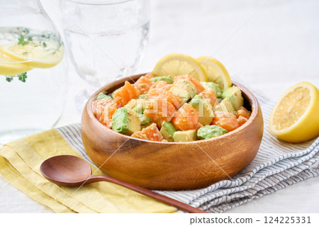 Salmon and avocado poke bowl Salmon and avocado poke bowl 124225331